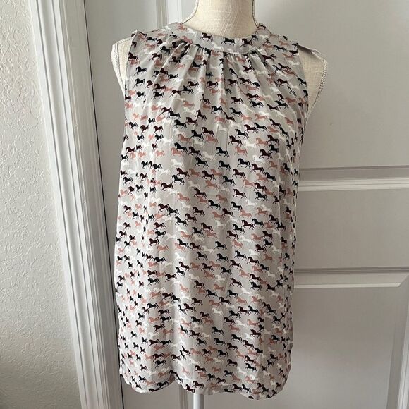 LOFT Multicolor Horse Print Blouse Tie Back SZ M NWT - Picture 1 of 10